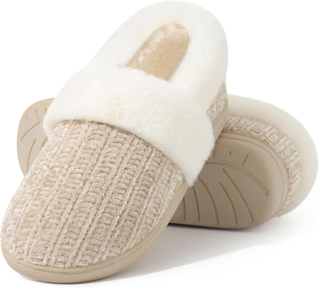Women's Knit Closed Back Slippers - Faux Lamb Wool Lining, Memory Foam and Non Slip Rubber Sole - 8