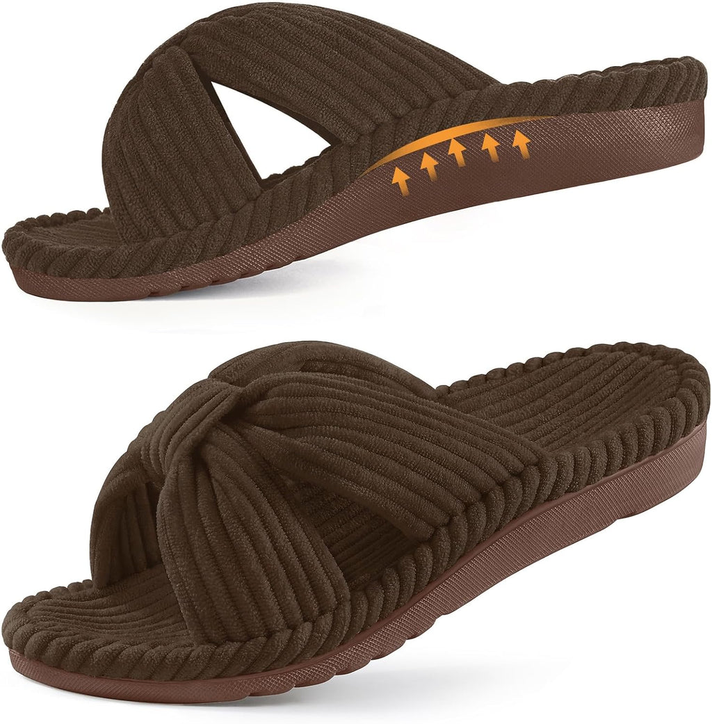Women's Corduroy Cross Bow Slippers - Contoured Arch Support, Memory Foam and Non Slip Indoor Sole - 6