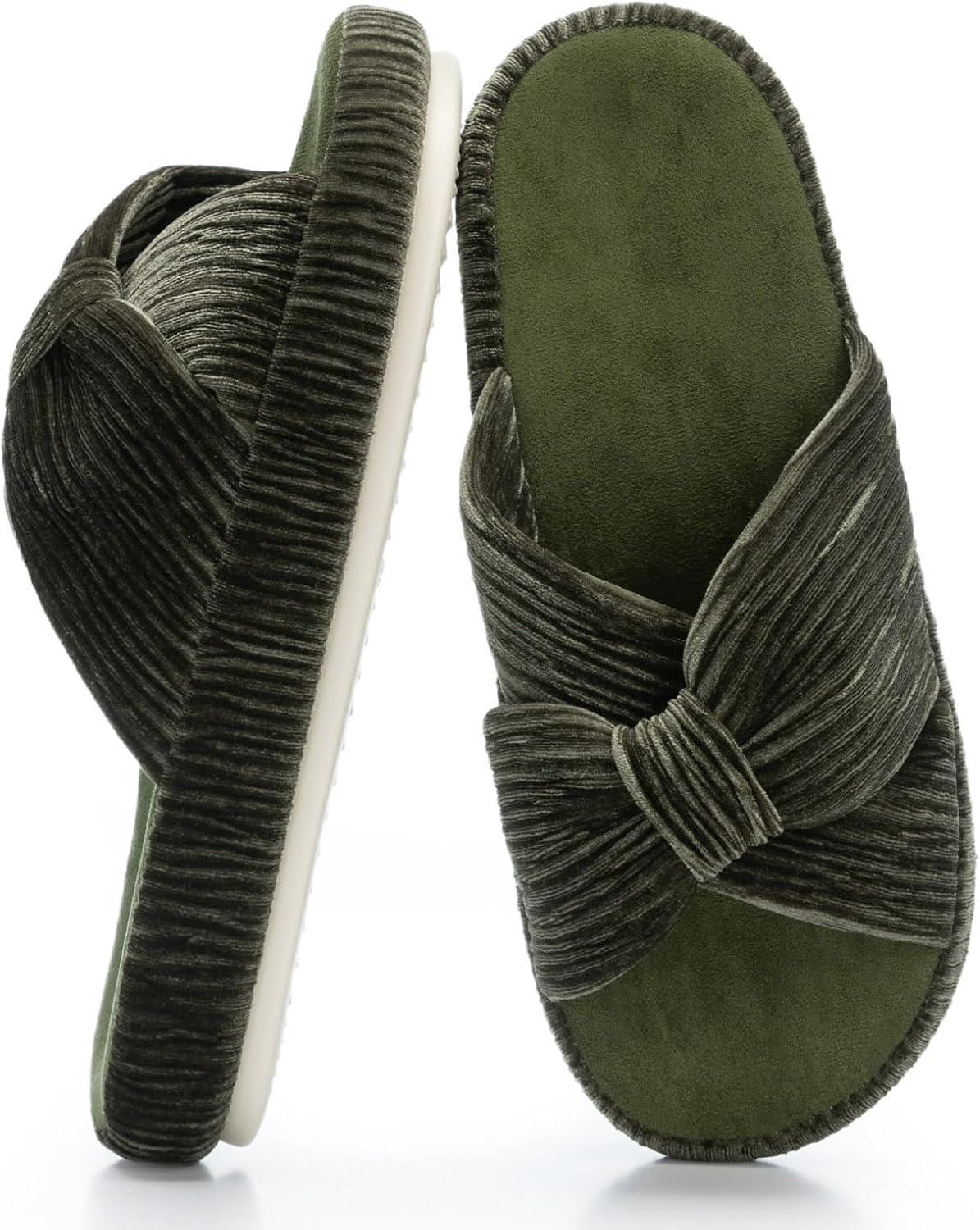 Women's Corduroy Bow Crossband Slippers - Memory Foam Insole, Soft House Shoes for Bedroom and Lounging - 10