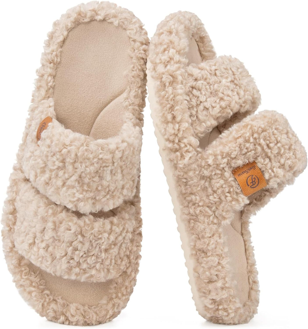 Women's Fuzzy Open Toe Slippers in Vintage Khaki
