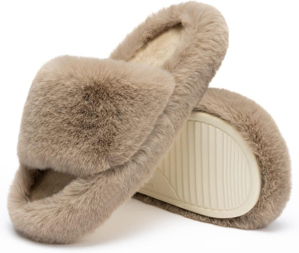 Women's Faux Fur Lined Open Toe Slippers - Memory Foam Footbed and Crossband Upper for Cold Mornings at Home - 8