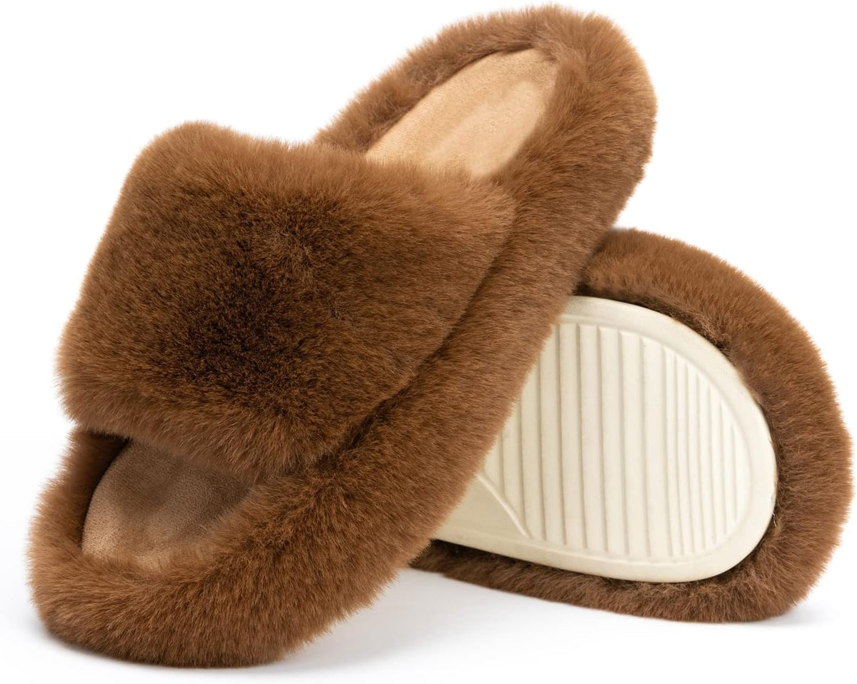 Women's Faux Fur Lined Open Toe Slippers - Memory Foam Footbed and Crossband Upper for Cold Mornings at Home - 8