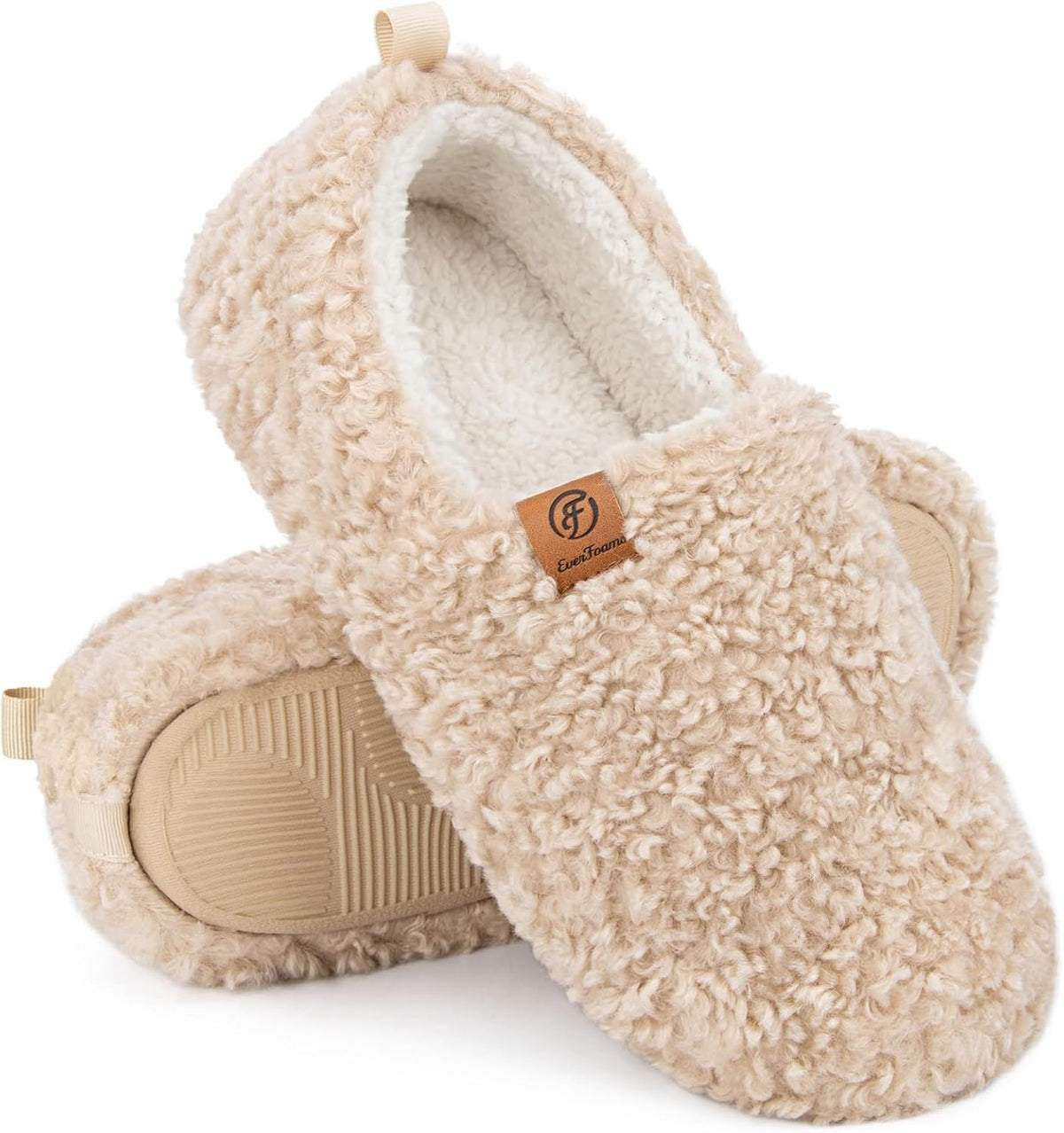 Women's Curly Wool Look Slippers in Khaki