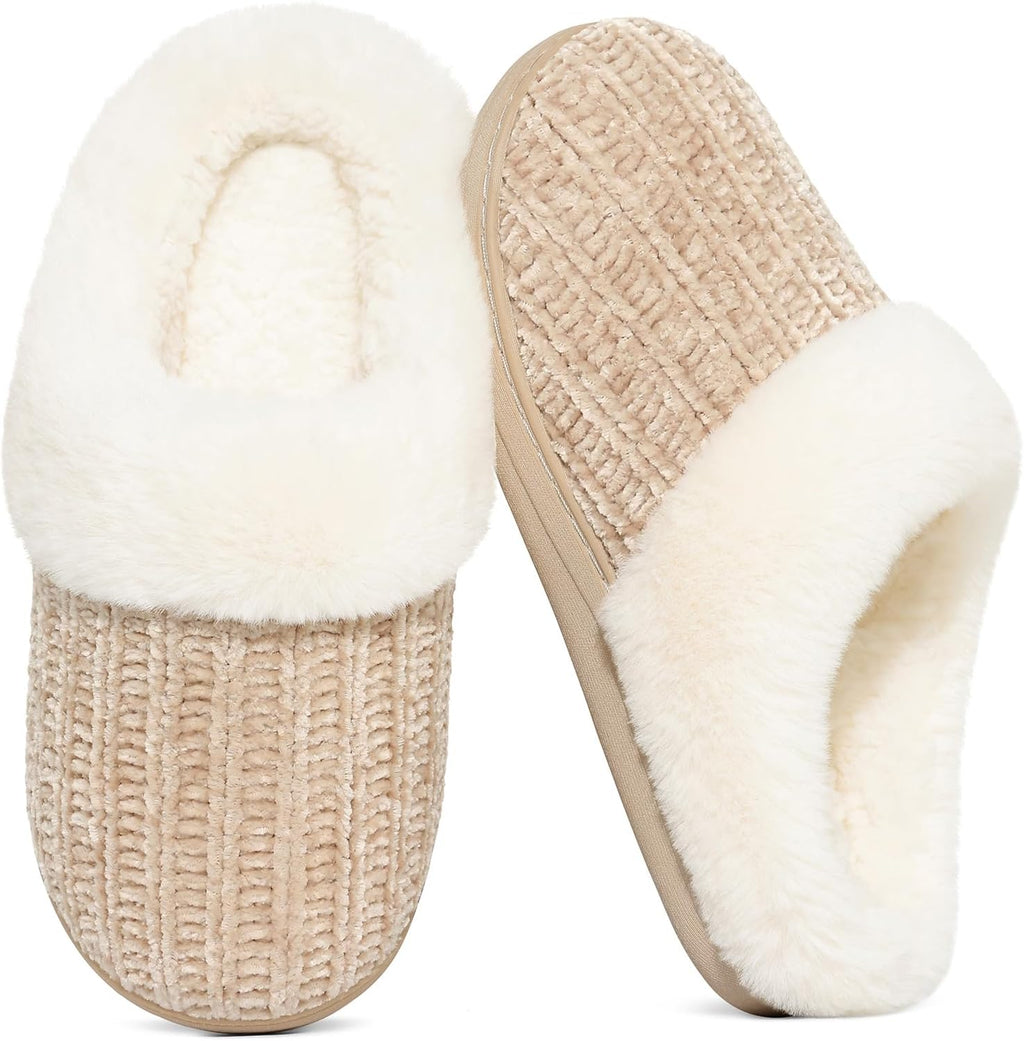 Women's Chenille Knit Slippers - Fleece and Faux Fur Lining, Memory Foam and Anti Slip Indoor Outdoor Sole - 7.5