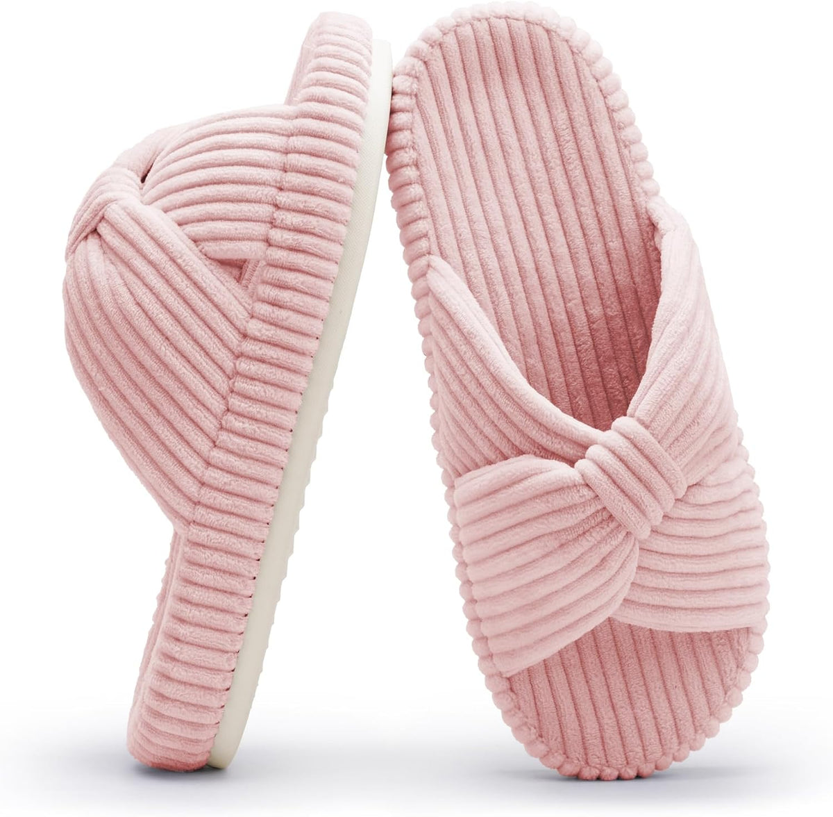 Women's Corduroy Bow Crossband Slippers - Memory Foam Insole, Soft House Shoes for Bedroom and Lounging - 10