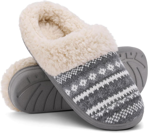 Women's Chenille Knit Slippers - Fleece and Faux Fur Lining, Memory Foam and Anti Slip Indoor Outdoor Sole - 7.5