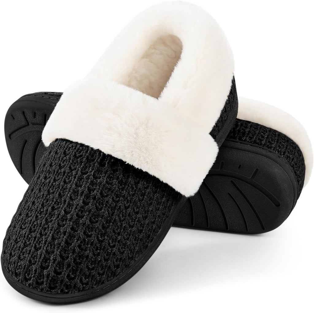 Women's Knit Closed Back Slippers - Faux Lamb Wool Lining, Memory Foam and Non Slip Rubber Sole - 8