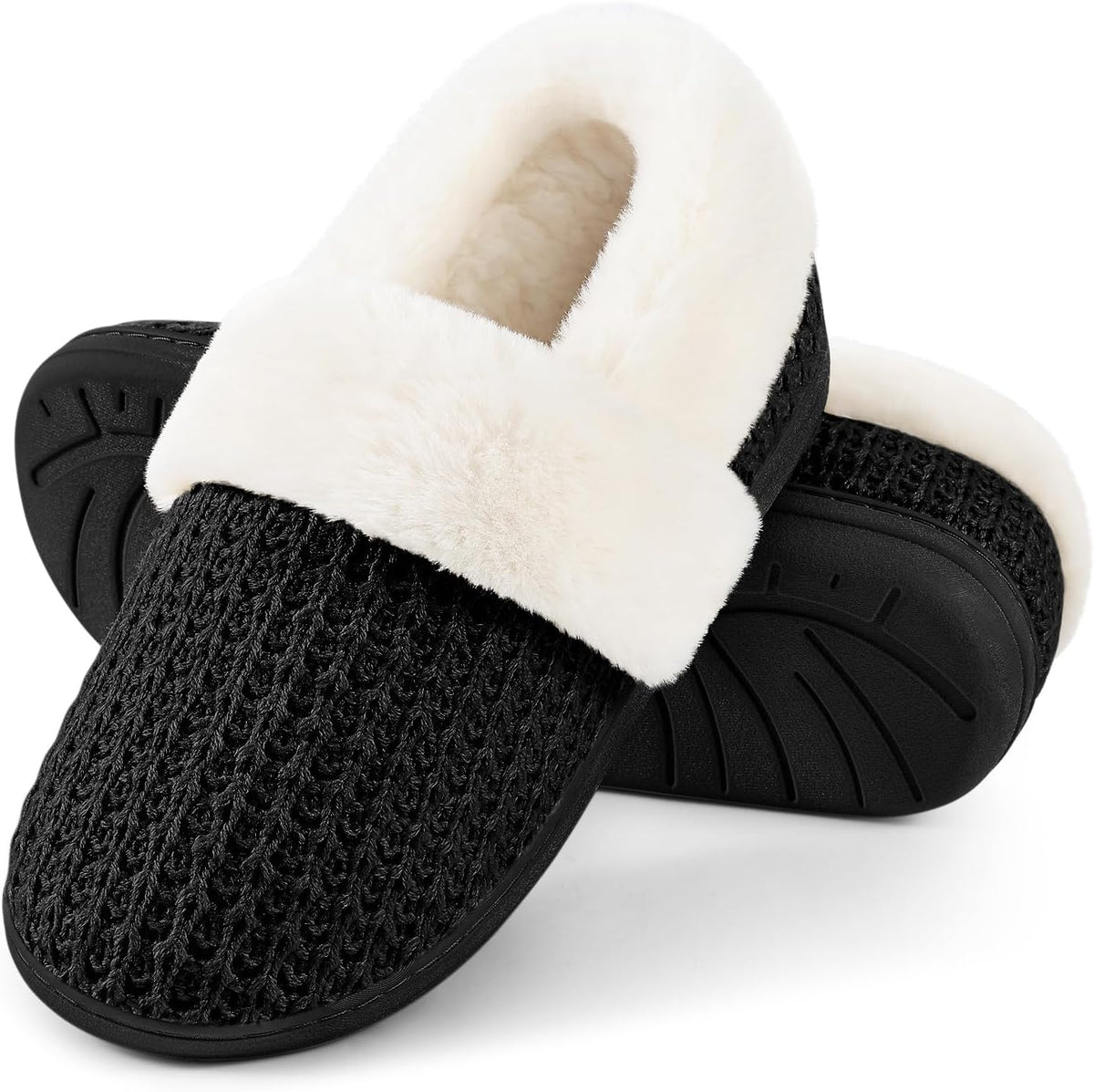 Women's Knit Closed Back Slippers - Faux Lamb Wool Lining, Memory Foam and Non Slip Rubber Sole - 8