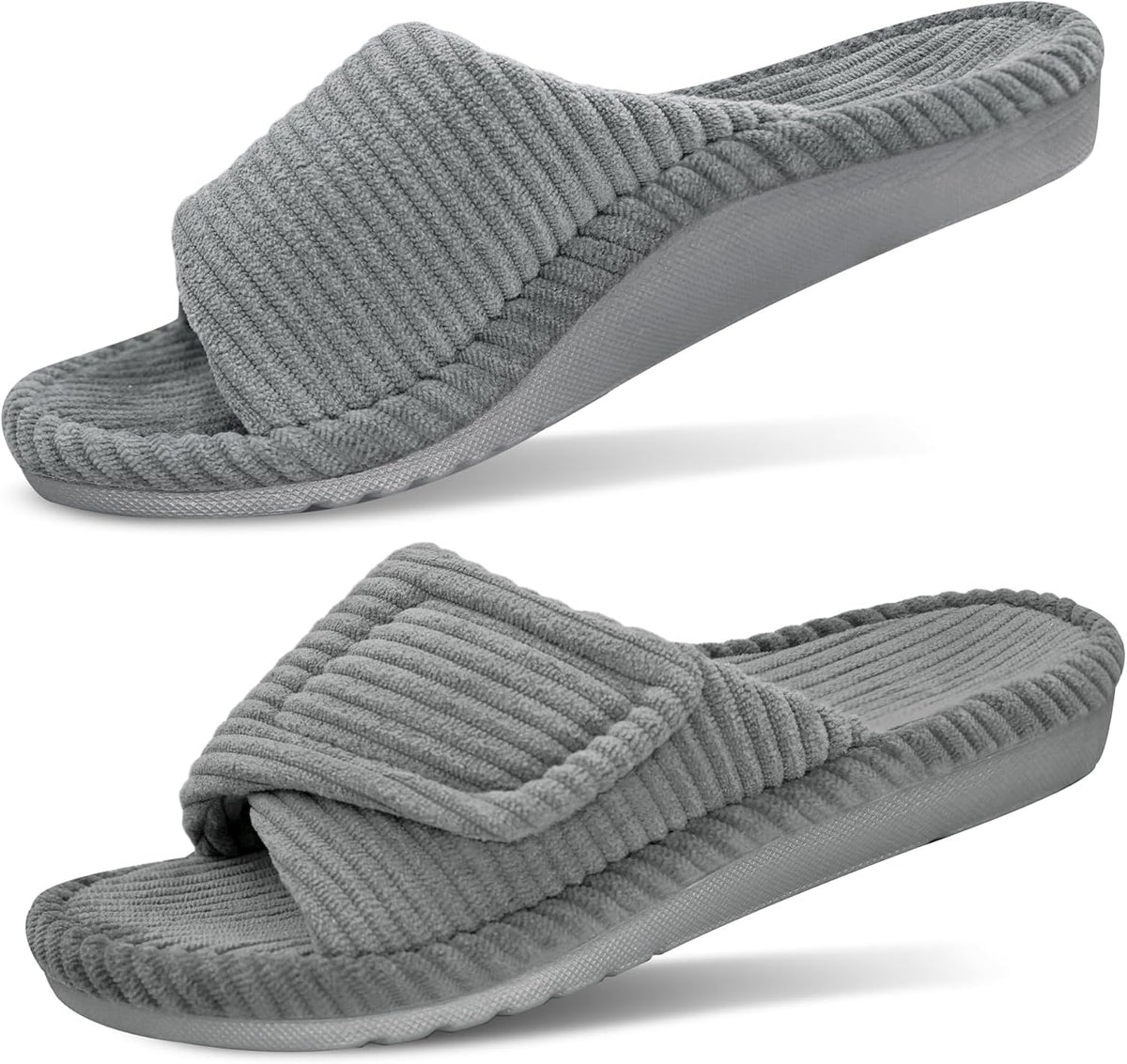 Women's Corduroy Open Toe Slides - Adjustable Strap, Arch Support Footbed and Memory Foam Cushioning - 6