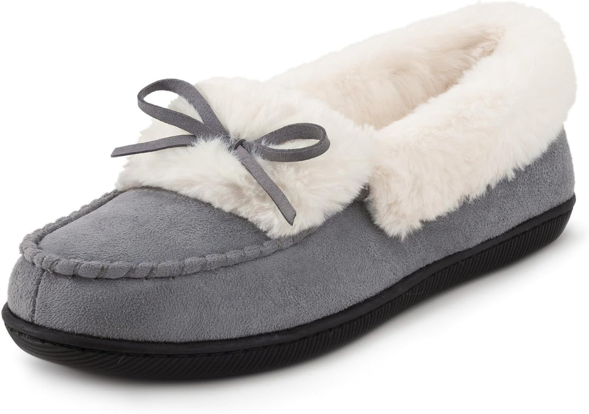 Women's Microsuede Moccasin Slippers in Light Grey