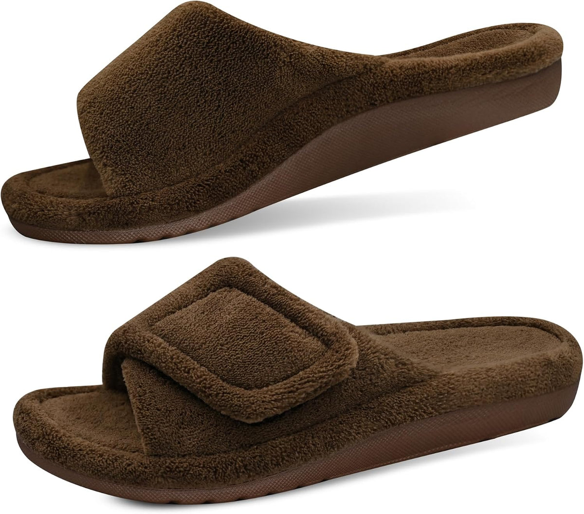 Women's Fuzzy Adjustable Slides in Dark Brown