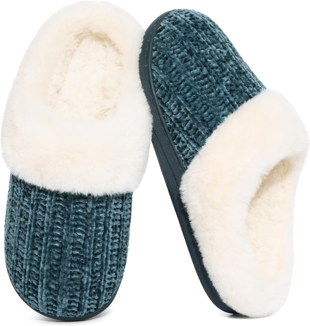 Women's Chenille Knit Slippers - Fleece and Faux Fur Lining, Memory Foam and Anti Slip Indoor Outdoor Sole - 9.5