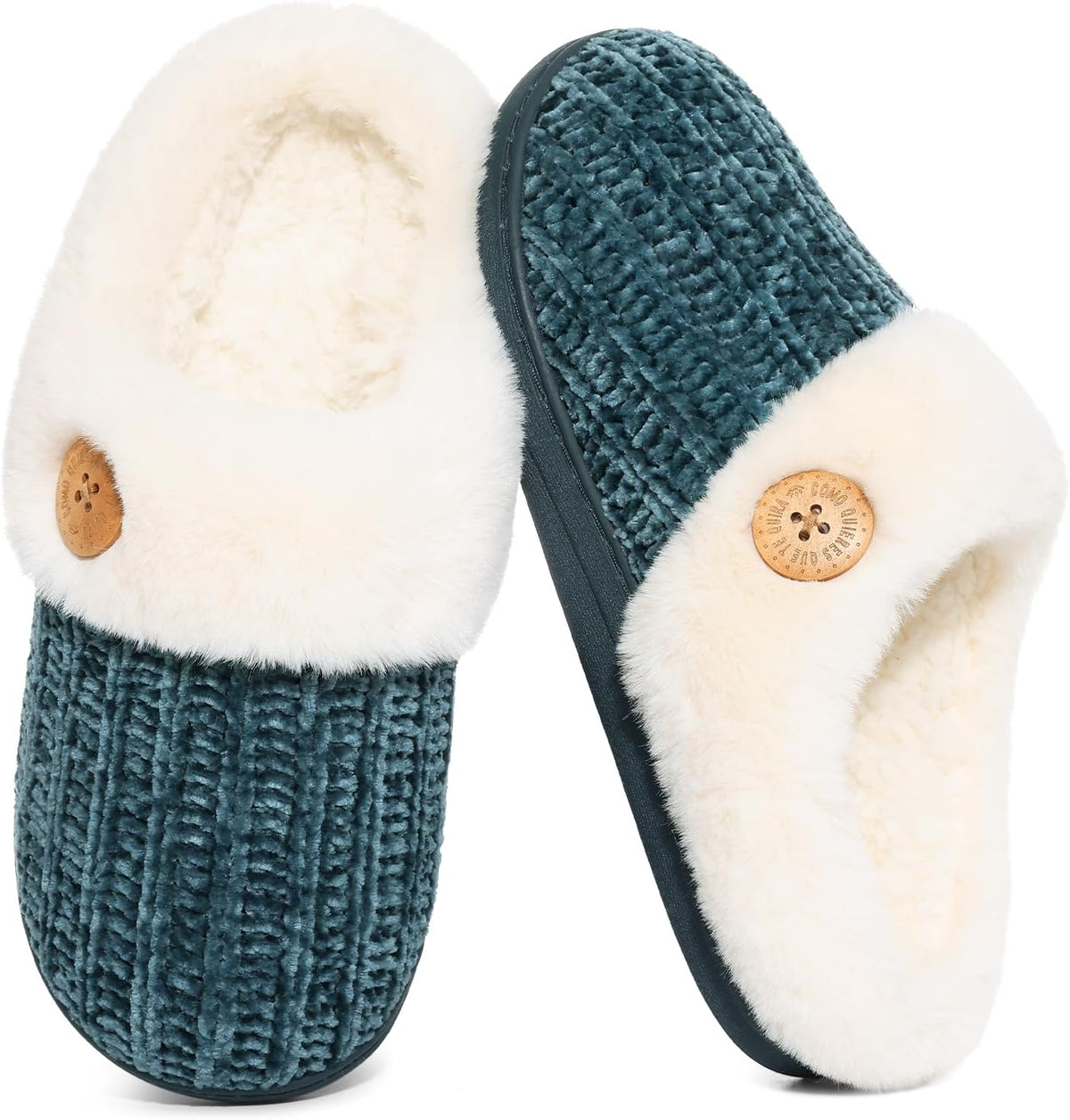 Women's Chenille Knit Slippers - Fleece and Faux Fur Lining, Memory Foam and Anti Slip Indoor Outdoor Sole - 7.5