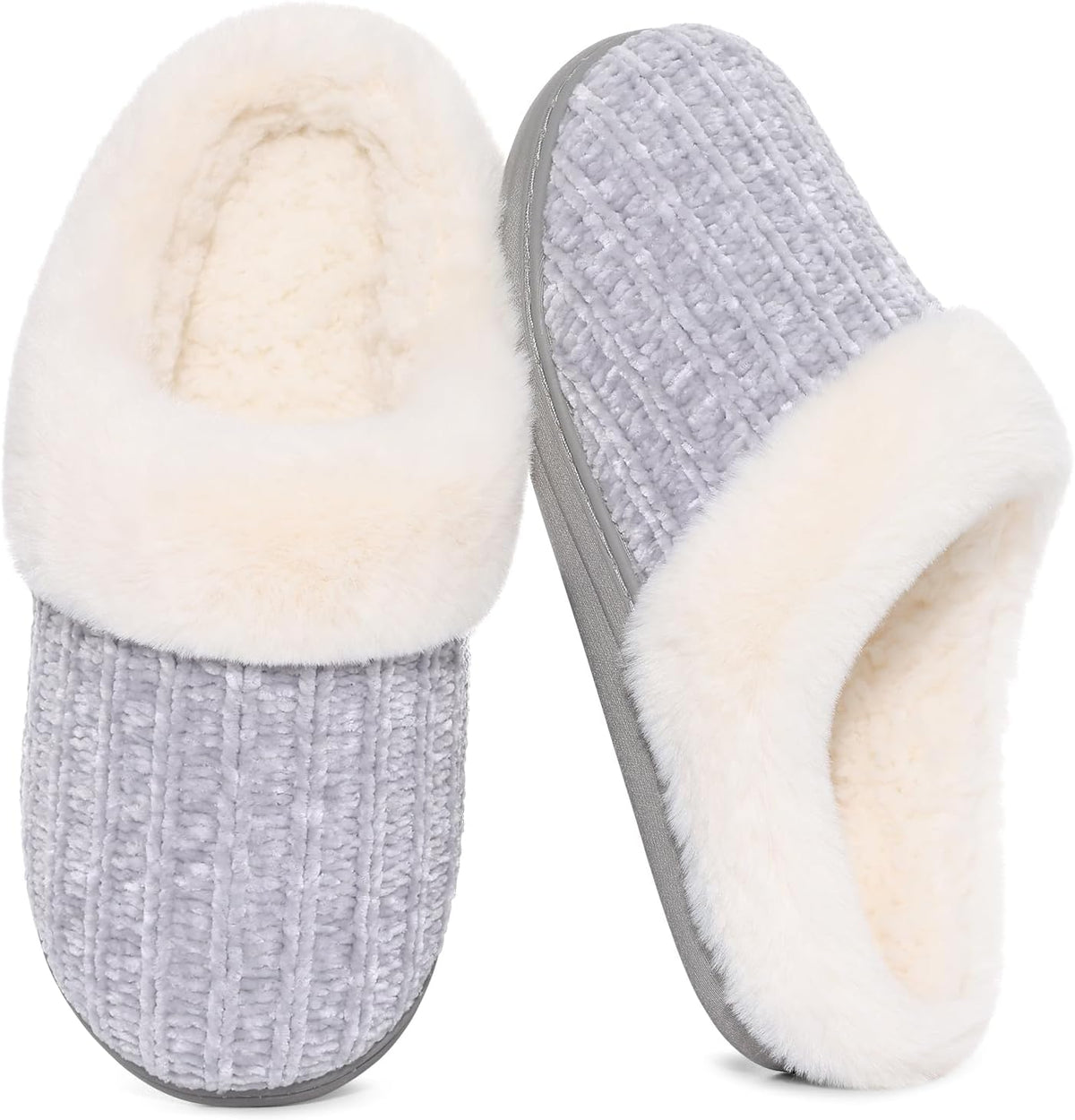 Women's Chenille Knit Slippers - Fleece and Faux Fur Lining, Memory Foam and Anti Slip Indoor Outdoor Sole - 8