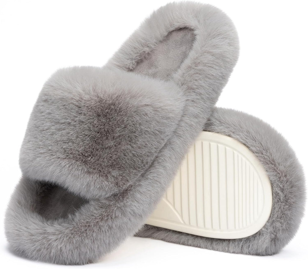 Women's Faux Fur Lined Open Toe Slippers - Memory Foam Footbed and Crossband Upper for Cold Mornings at Home - 10