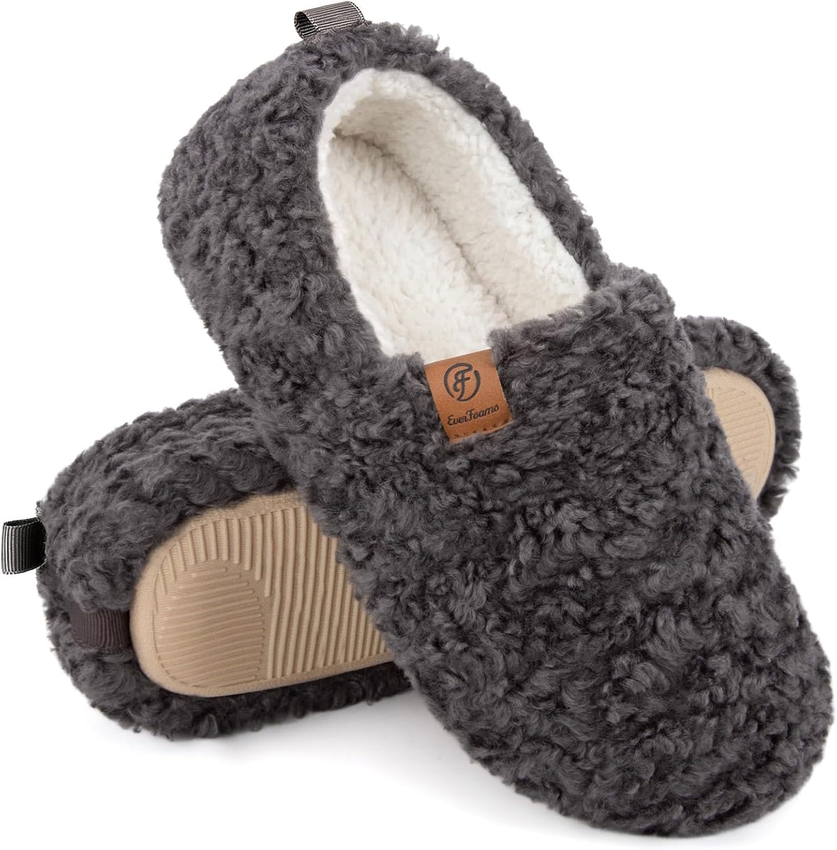 Women's Curly Wool Look Slippers in Dark Grey