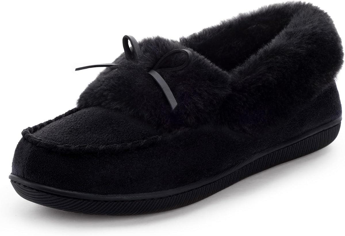 Women's Microsuede Moccasin Slippers - Faux Fur Lining, Memory Foam Insole and Indoor Outdoor Non Slip Sole - 6