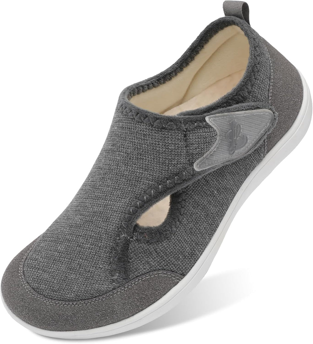 Women's Wide Adjustable House Shoes - Cotton Upper, Hook and Loop Closure and Plush Warm Lining - 6 Wide