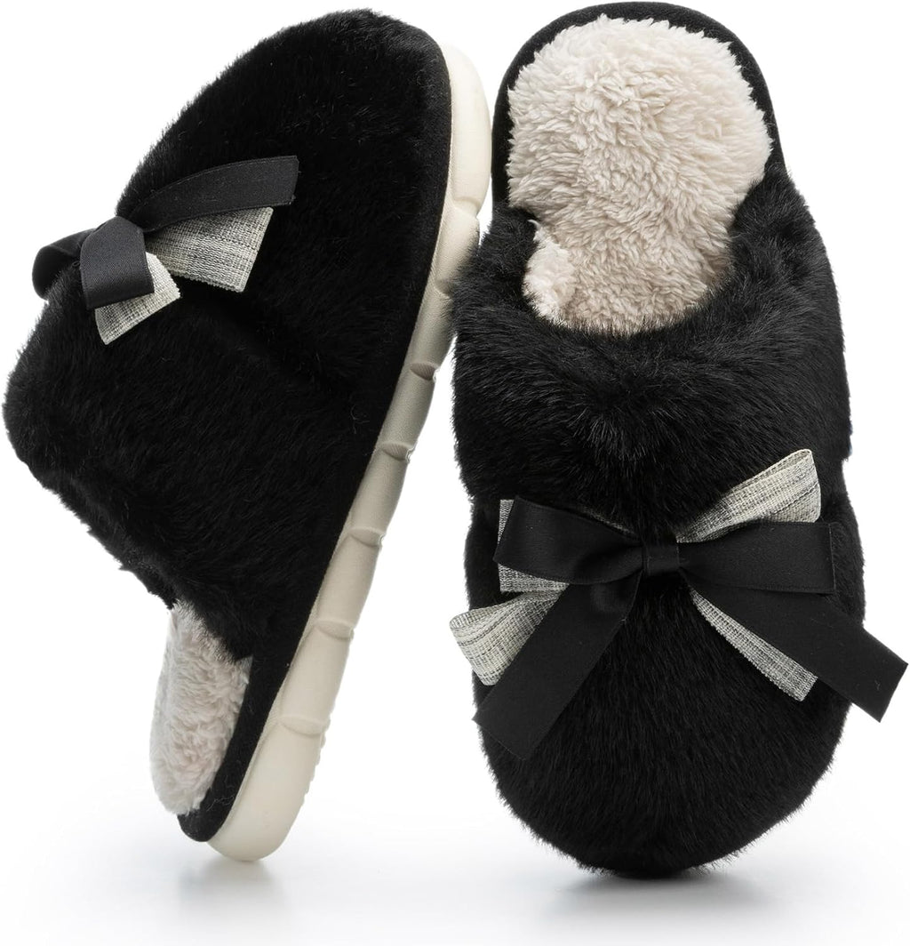 Women's Plush Bow Slippers - Fluffy Faux Fur Lining, Memory Foam and Anti Skid Sole for Indoor Outdoor Wear - 8