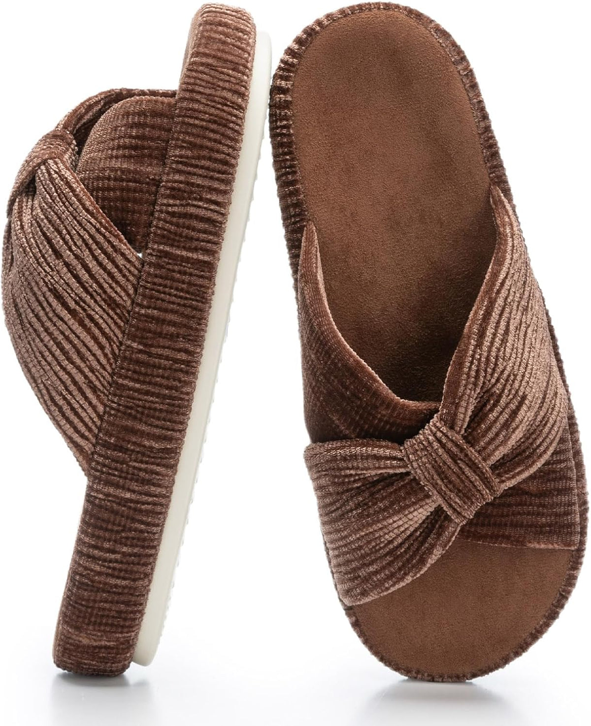 Women's Corduroy Bow Crossband Slippers - Memory Foam Insole, Soft House Shoes for Bedroom and Lounging - 10