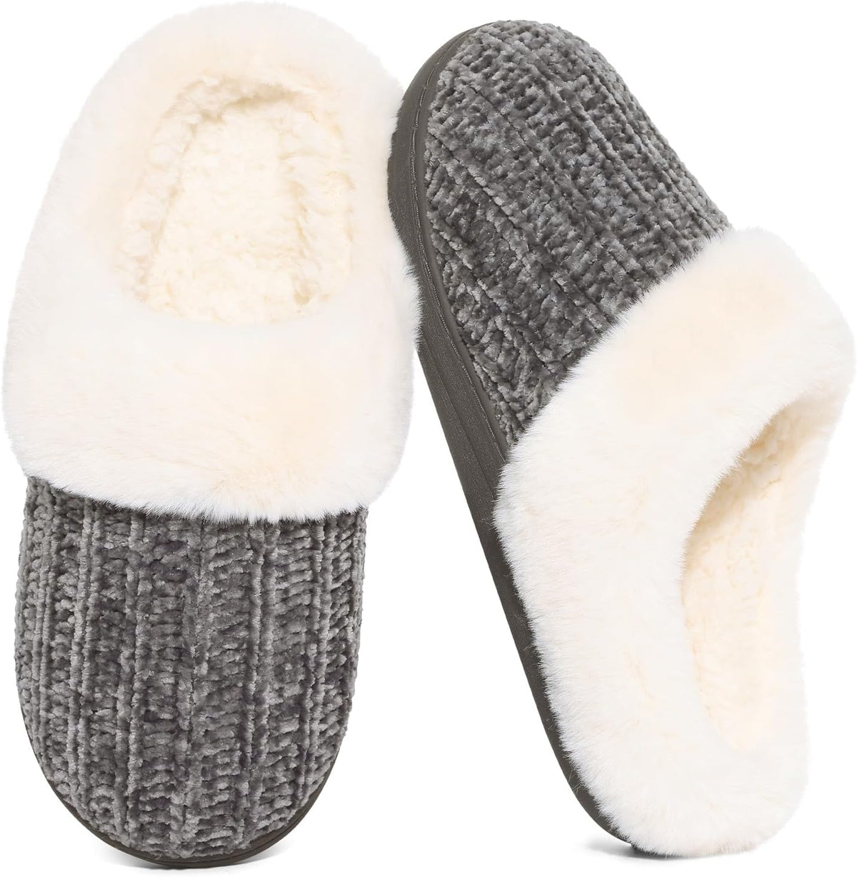 Women's Chenille Knit Slippers - Fleece and Faux Fur Lining, Memory Foam and Anti Slip Indoor Outdoor Sole - 8
