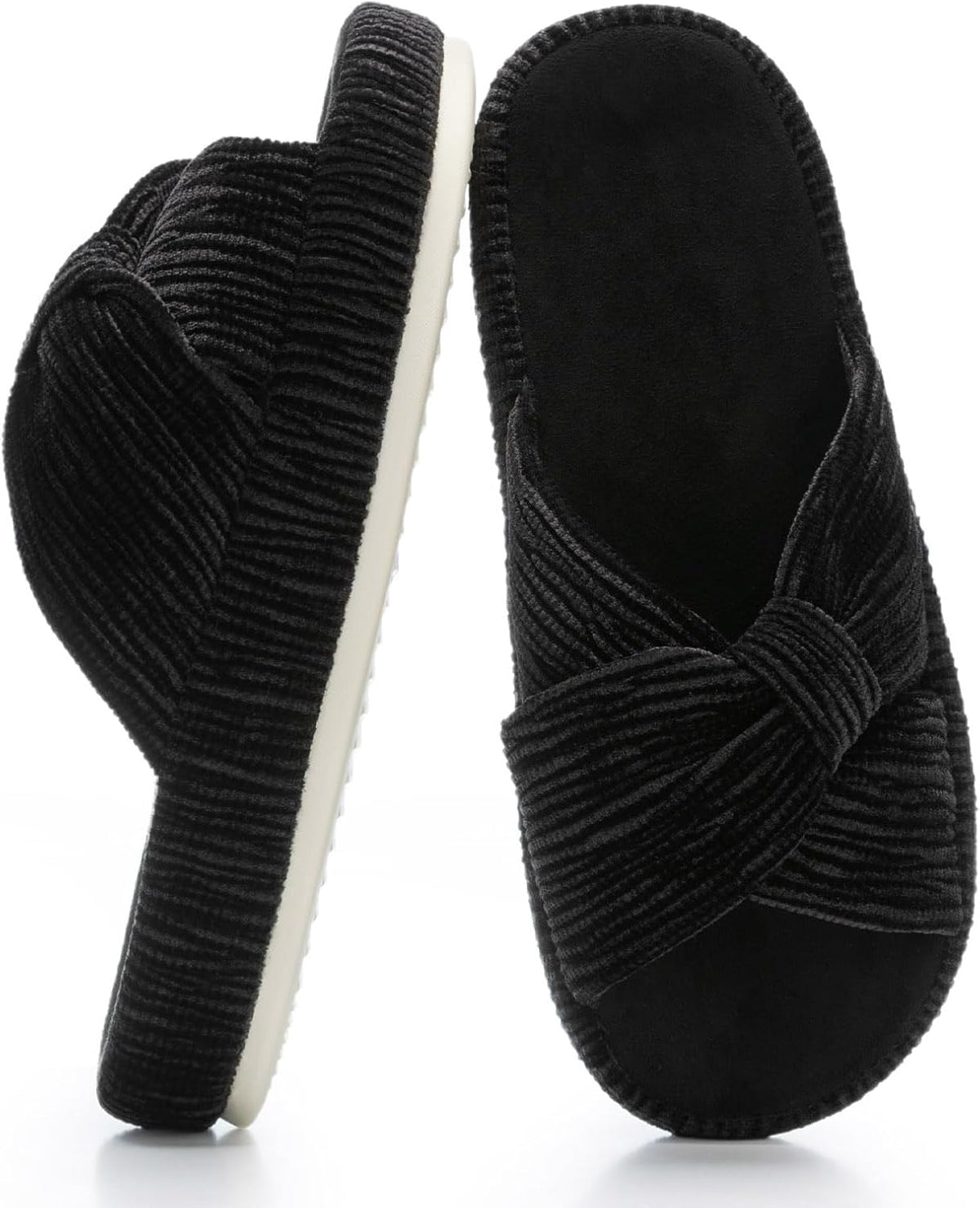 Women's Corduroy Bow Crossband Slippers - Memory Foam Insole, Soft House Shoes for Bedroom and Lounging - 10