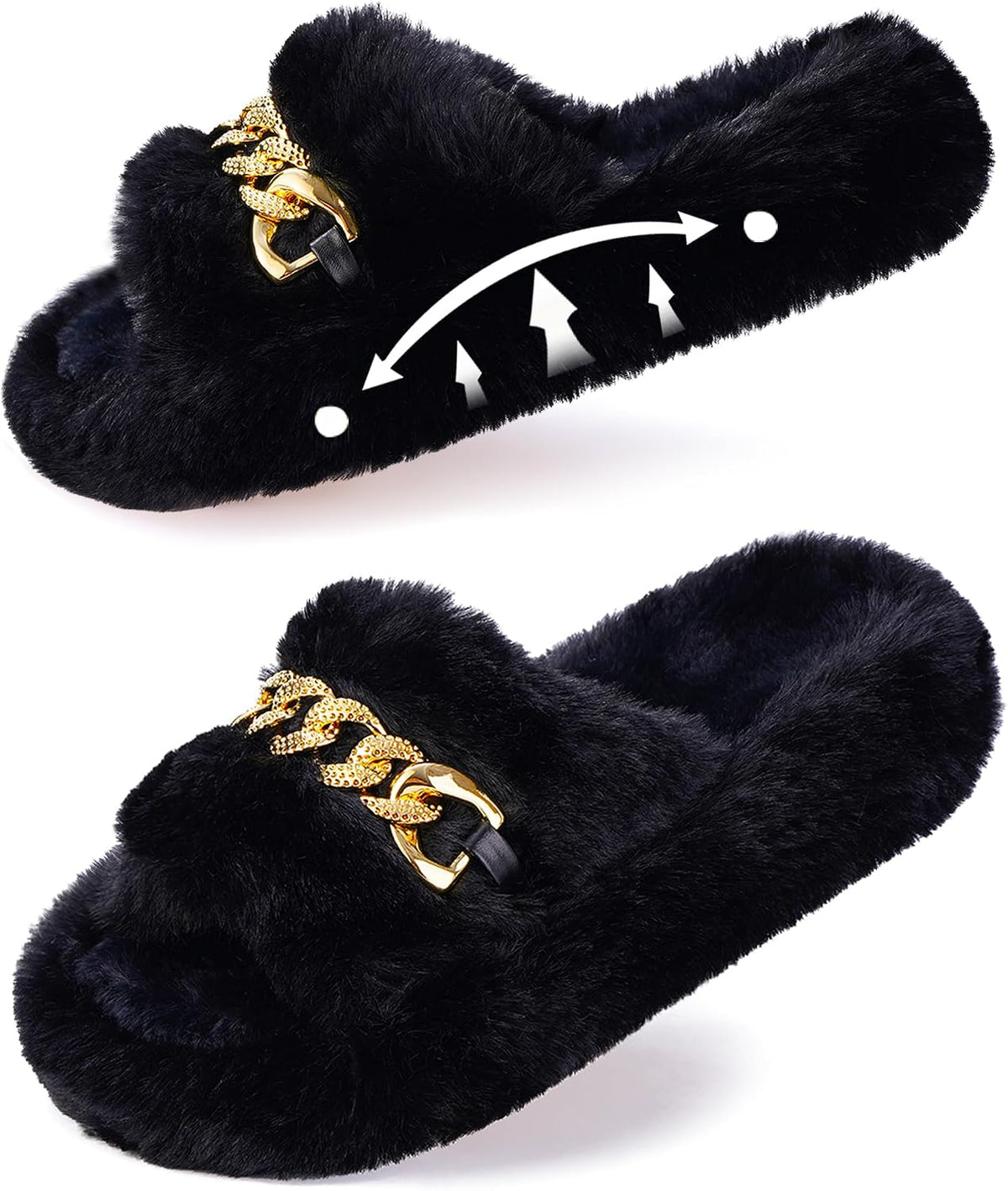 Women's Fluffy Open Toe Slippers - Metal Chain Trim, Memory Foam Arch Support and Non Slip House Sole - 8.5