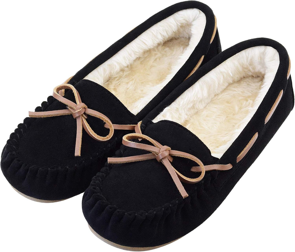 Women's Micro Suede Moccasin Slippers - Faux Fur Lined with Lace Up Bow and Indoor Outdoor Sole - 6