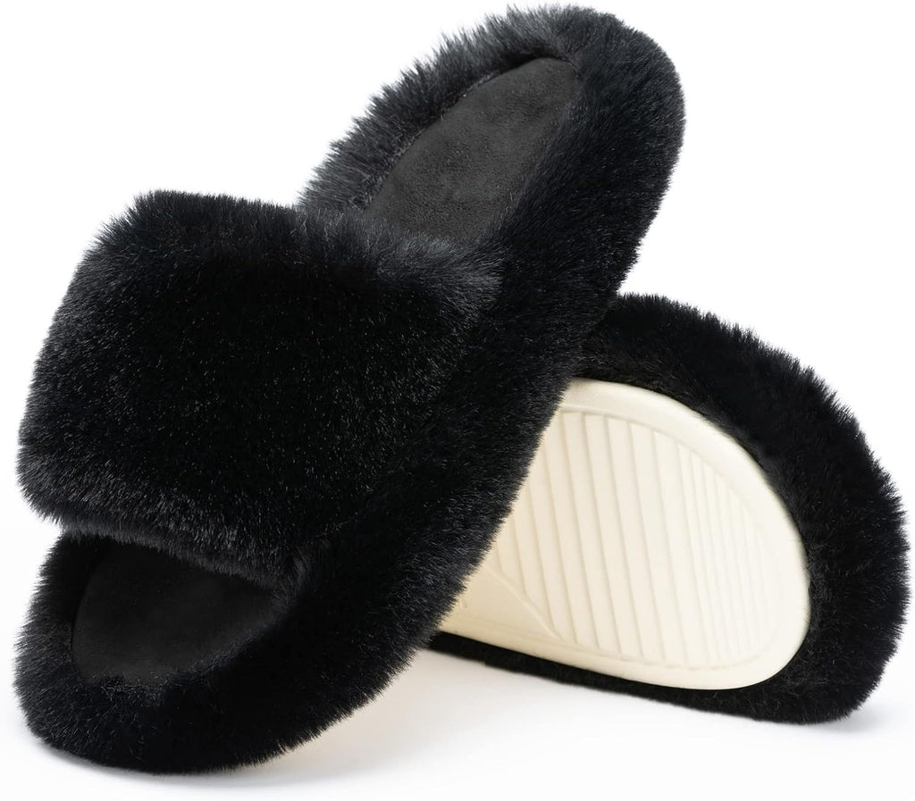 Women's Faux Fur Lined Open Toe Slippers - Memory Foam Footbed and Crossband Upper for Cold Mornings at Home - 10