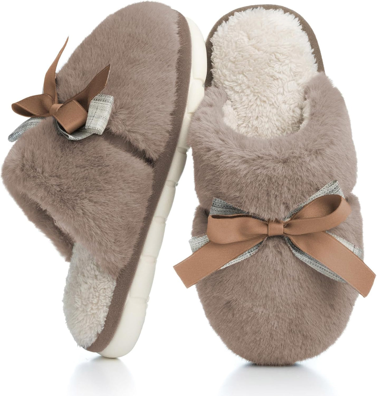 Women's Plush Bow Slippers in Brown