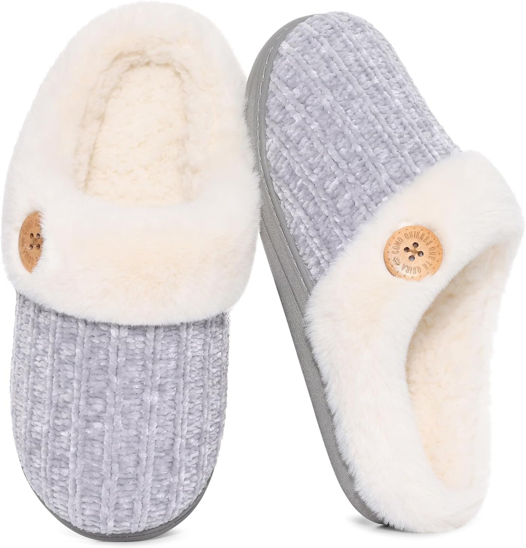 Women's Chenille Knit Slippers - Fleece and Faux Fur Lining, Memory Foam and Anti Slip Indoor Outdoor Sole - 8