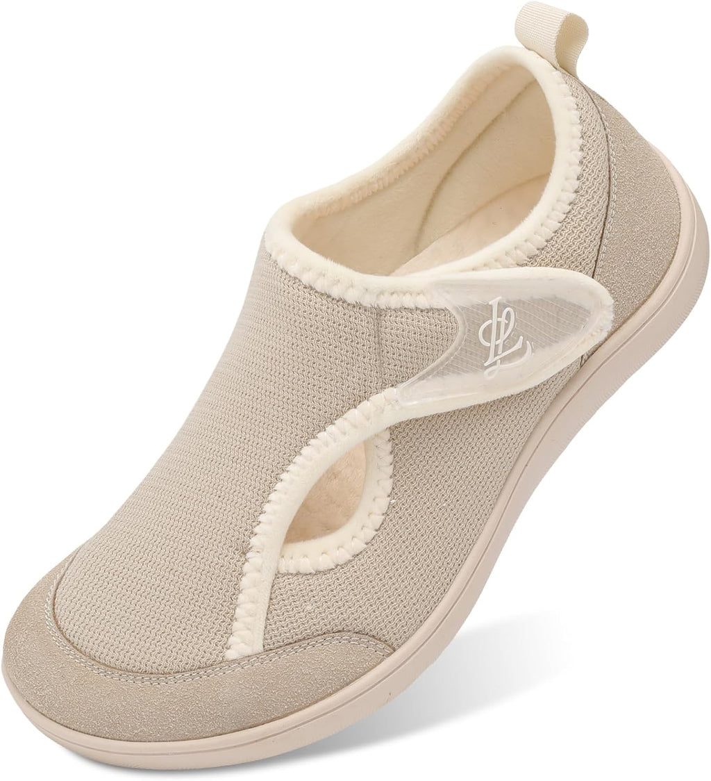 Women's Wide Adjustable House Shoes - Cotton Upper, Hook and Loop Closure and Plush Warm Lining - 6 Wide