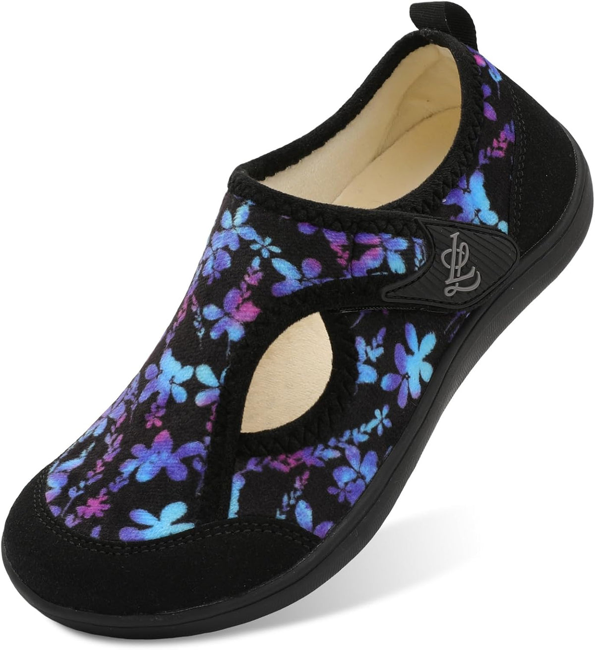 Women's Wide Adjustable House Shoes - Cotton Upper, Hook and Loop Closure and Plush Warm Lining - 6 Wide