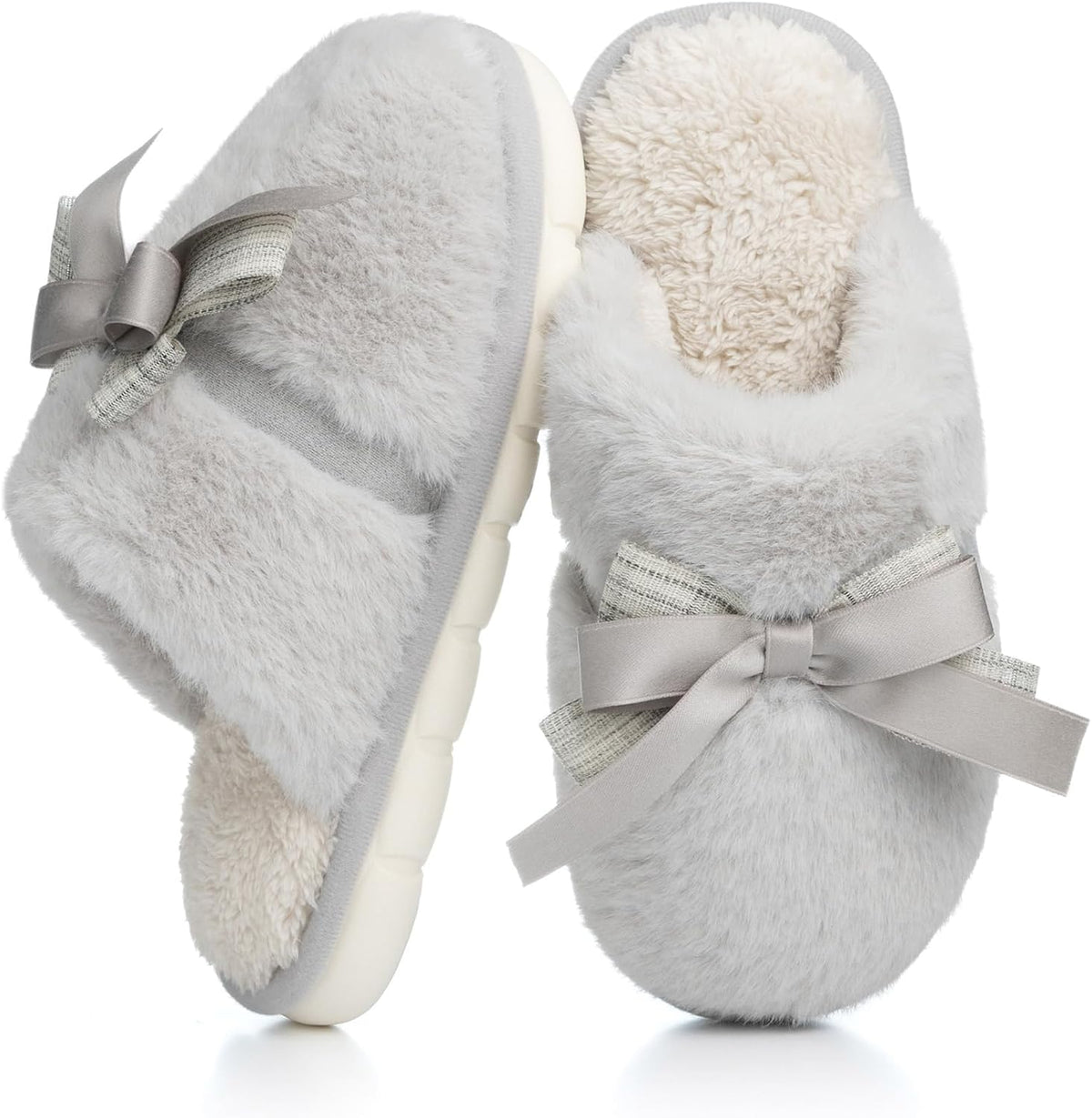 Women's Plush Bow Slippers in Light Grey