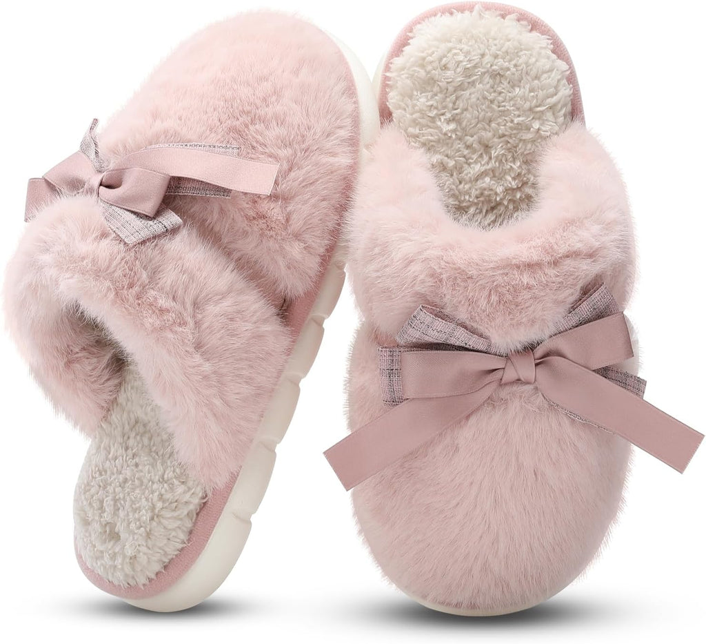 Women's Plush Bow Slippers - Fluffy Faux Fur Lining, Memory Foam and Anti Skid Sole for Indoor Outdoor Wear - 10