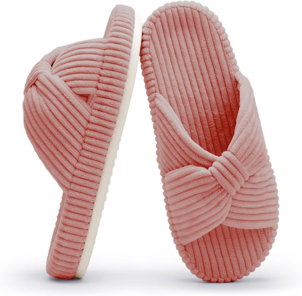 Women's Corduroy Bow Crossband Slippers - Memory Foam Insole, Soft House Shoes for Bedroom and Lounging - 8