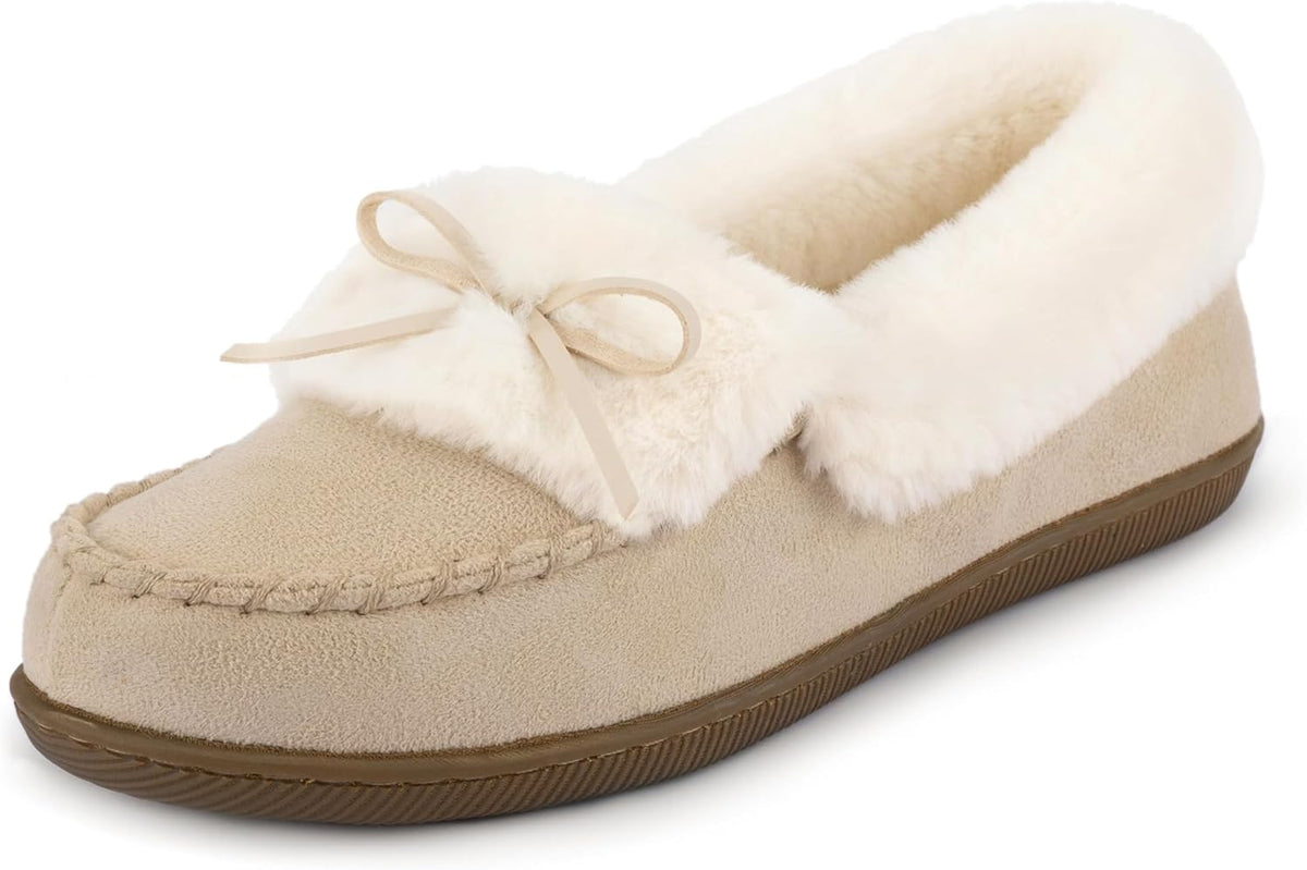 Women's Microsuede Moccasin Slippers in Beige