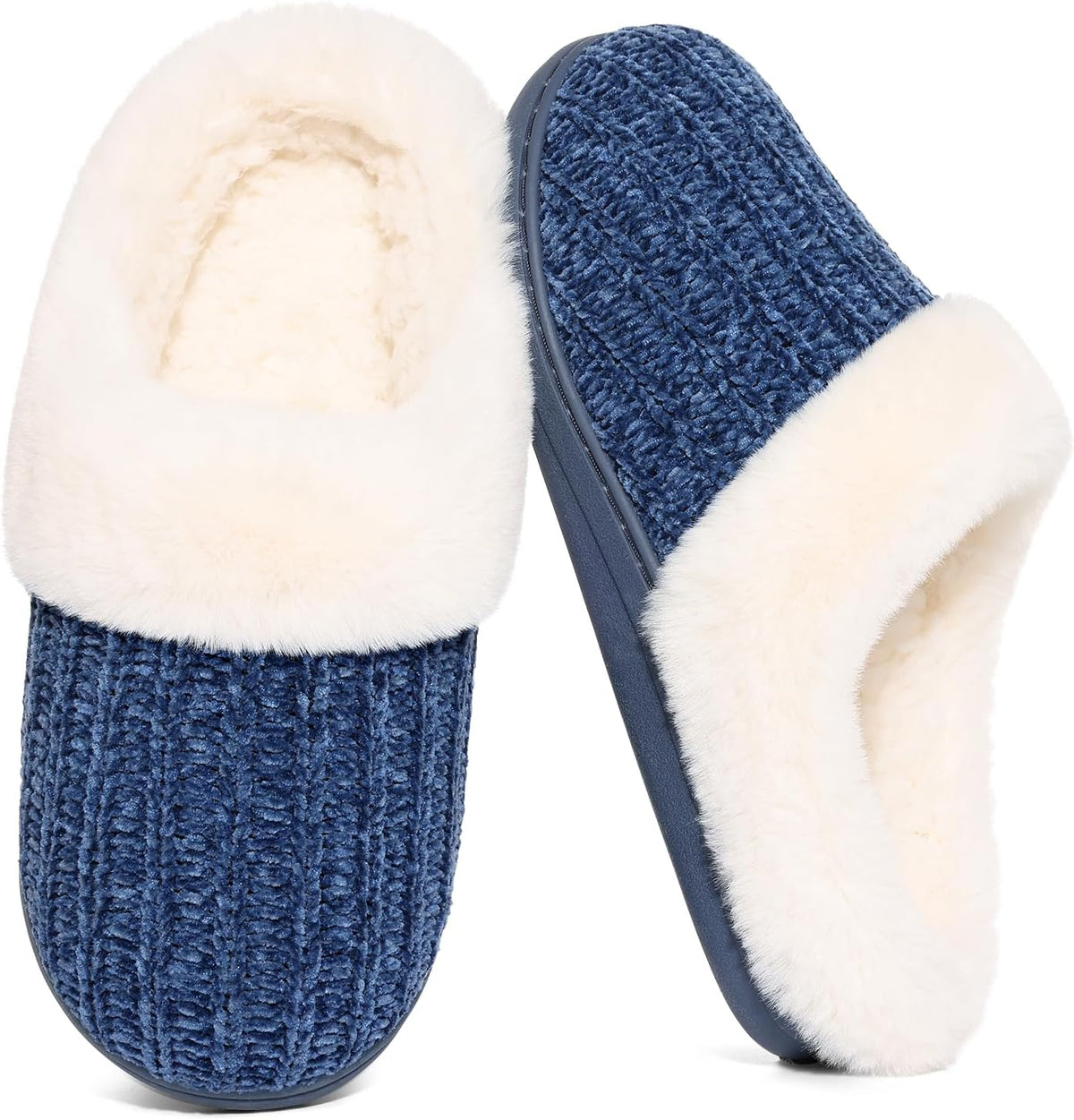 Women's Chenille Knit Slippers - Fleece and Faux Fur Lining, Memory Foam and Anti Slip Indoor Outdoor Sole - 7.5