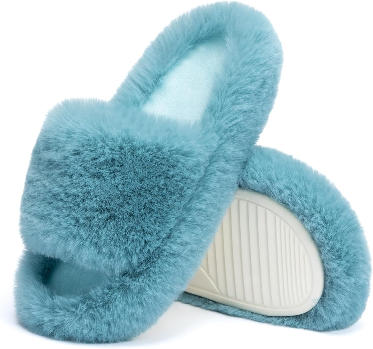 Women's Faux Fur Lined Open Toe Slippers in Turquoise Green