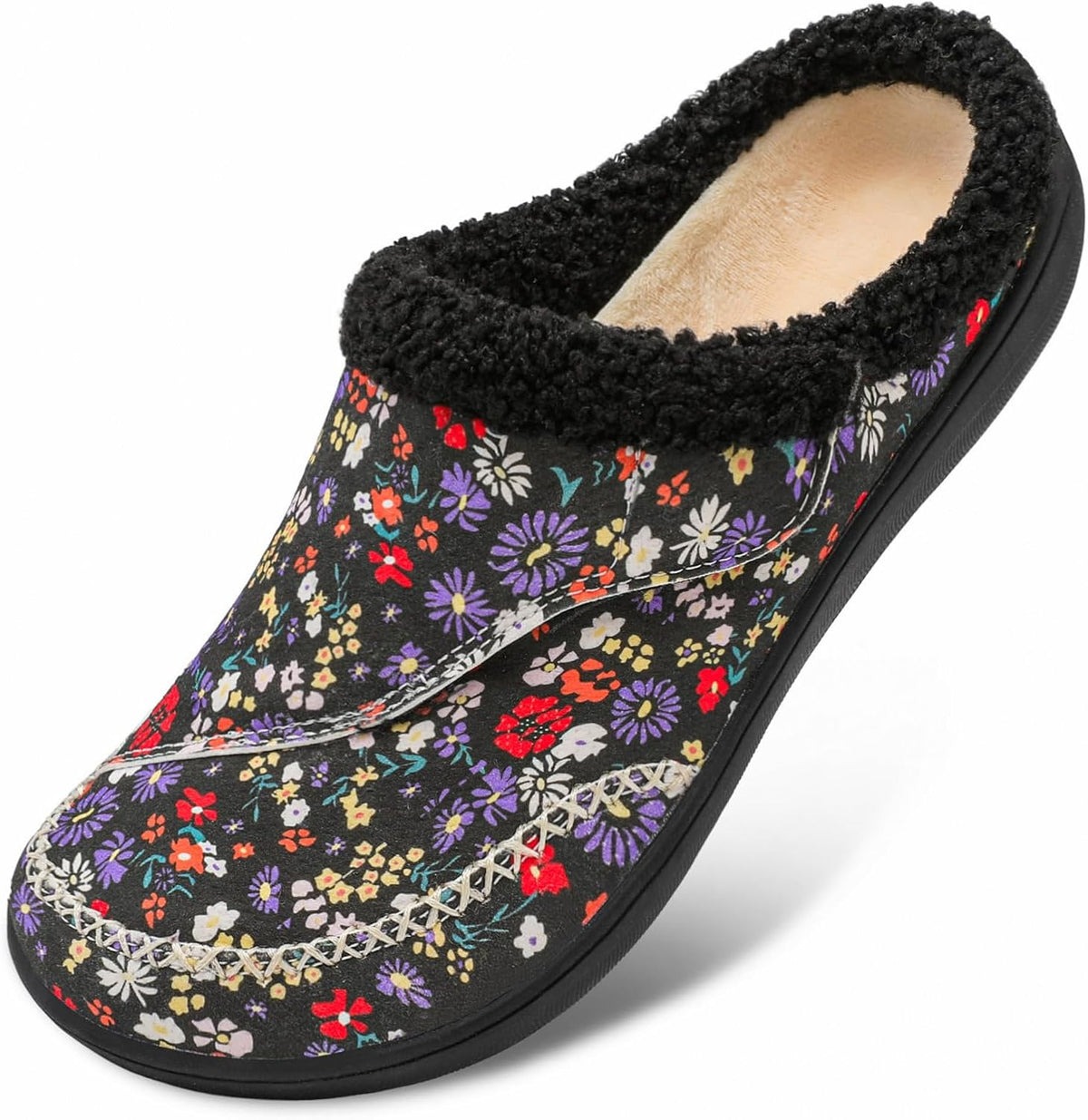 Women's Wide Toe Box Adjustable Slippers in Black Flower