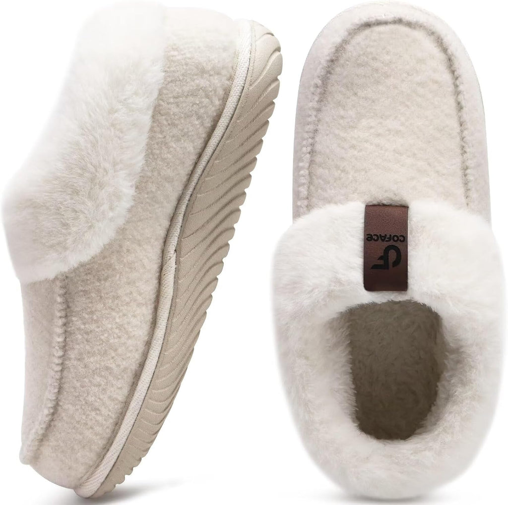 Women's Moccasin House Slippers - Faux Fur Collar, Memory Foam Arch Support and Rubber Sole for Indoor Outdoor - 6
