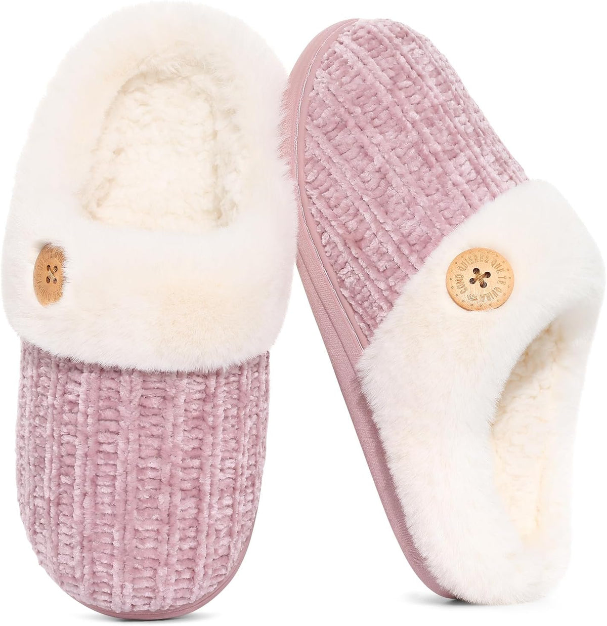 Women's Chenille Knit Slippers - Fleece and Faux Fur Lining, Memory Foam and Anti Slip Indoor Outdoor Sole - 9.5