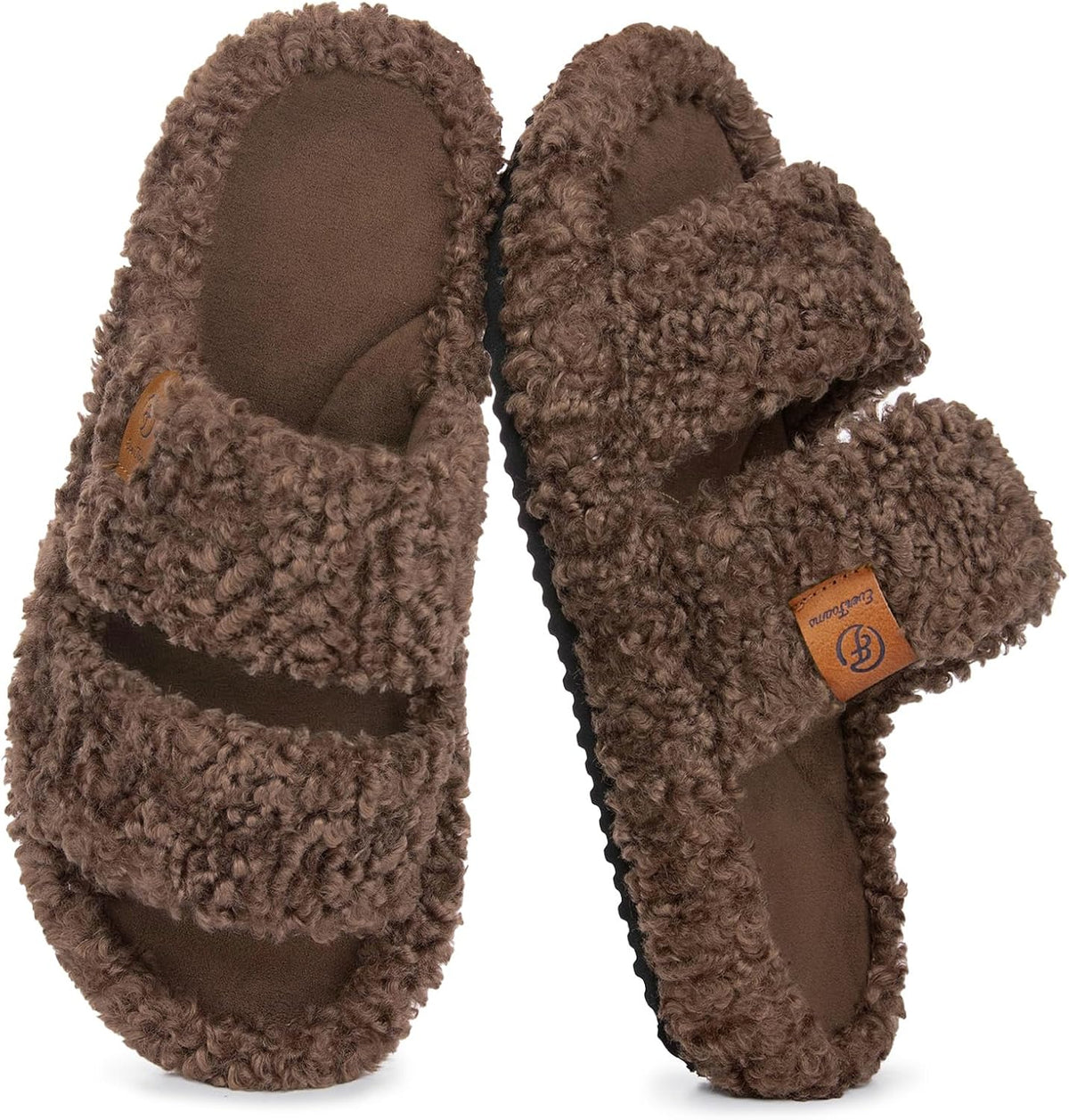 Women's Fuzzy Open Toe Slippers in Elegant Mocha