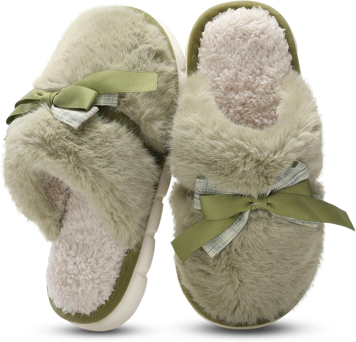 Women's Plush Bow Slippers in Green
