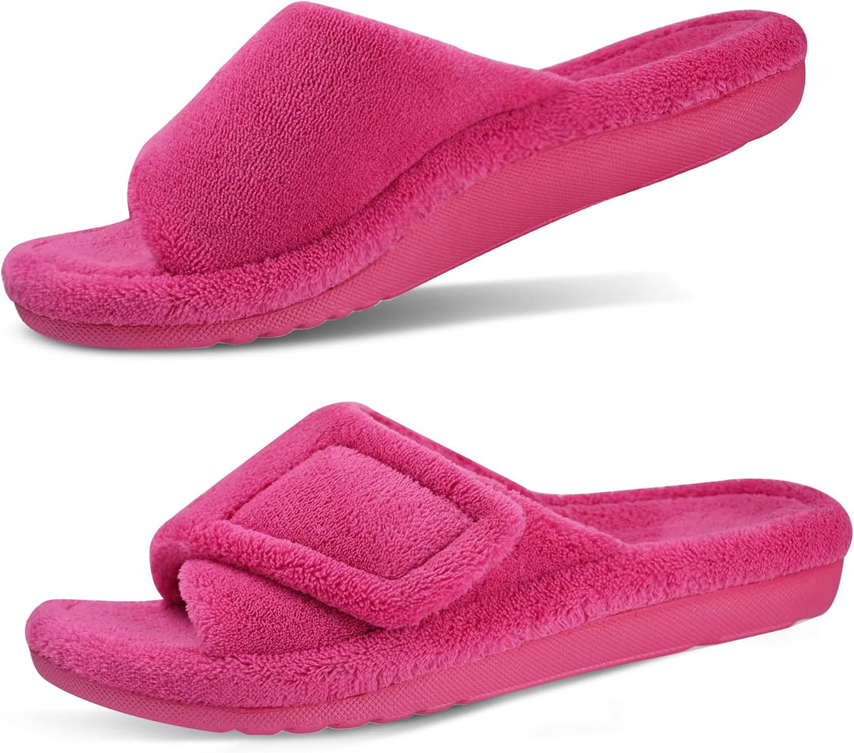 Women's Fuzzy Adjustable Slides - Contoured Arch Support Footbed and Faux Fur Upper for Home Wear - 6