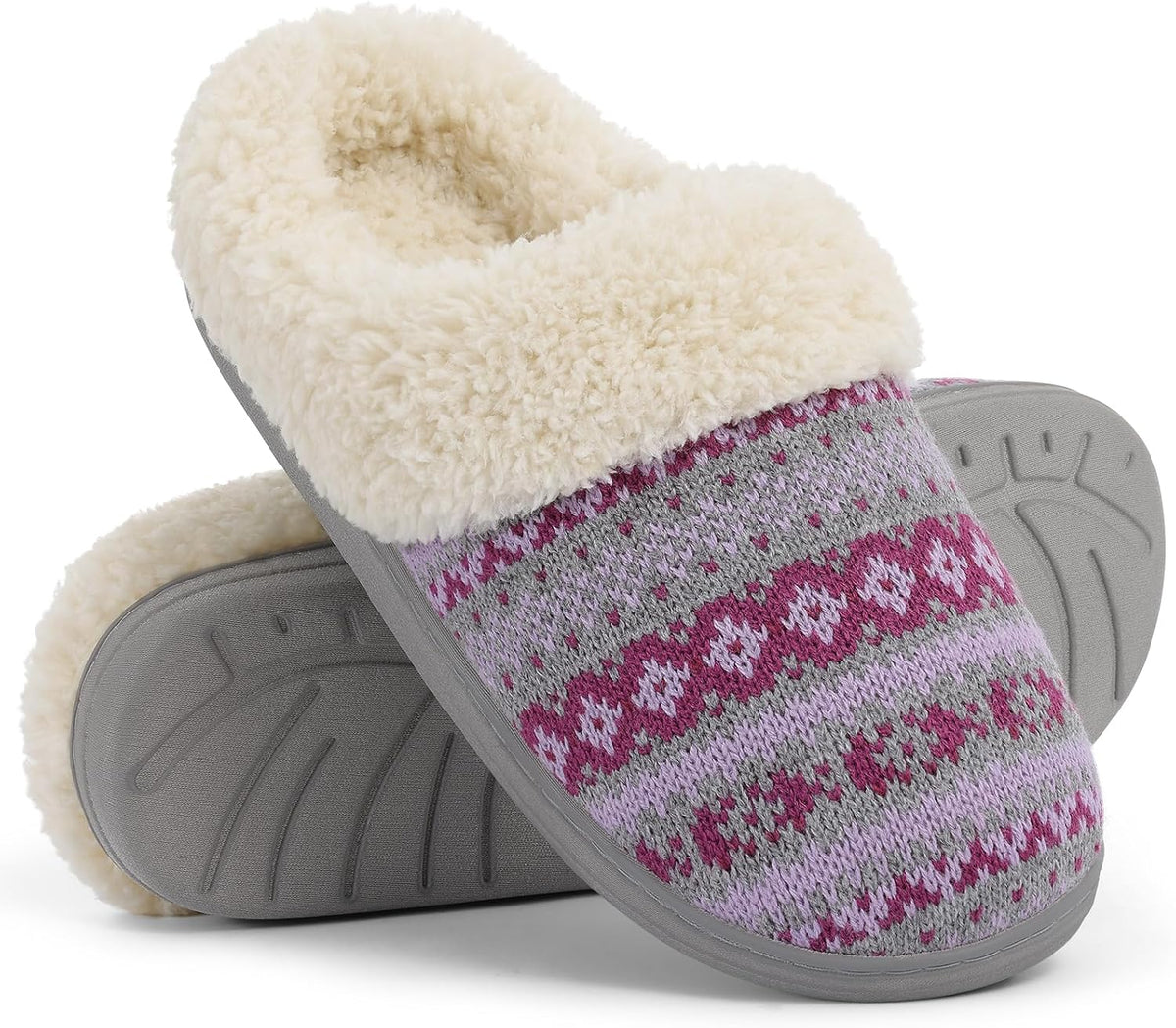 Women's Chenille Knit Slippers - Fleece and Faux Fur Lining, Memory Foam and Anti Slip Indoor Outdoor Sole - 7.5