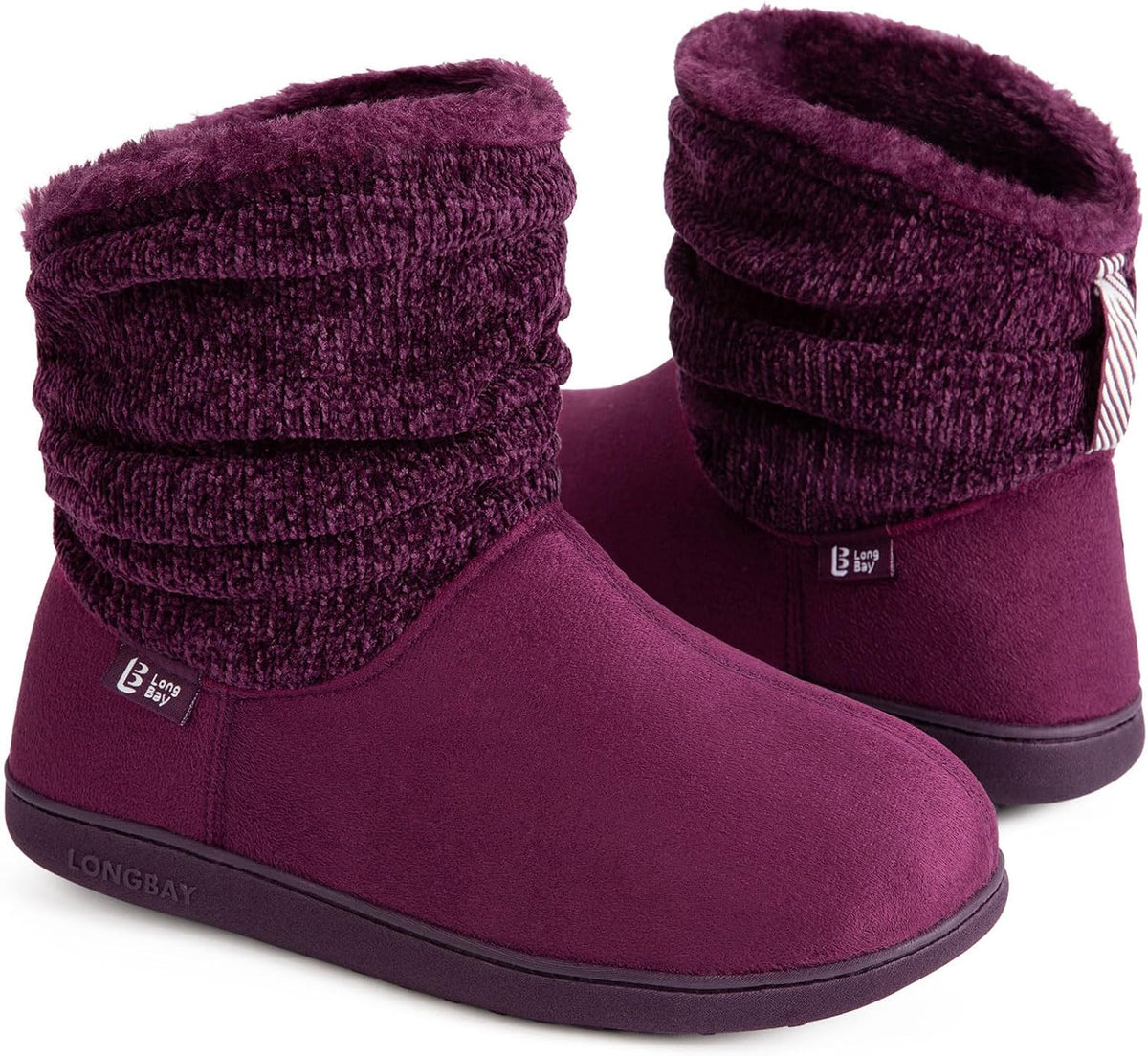 Women's Ankle High Slipper Boots - Chenille Knit and Micro Suede Upper, Faux Fur Lining and Memory Foam - 8