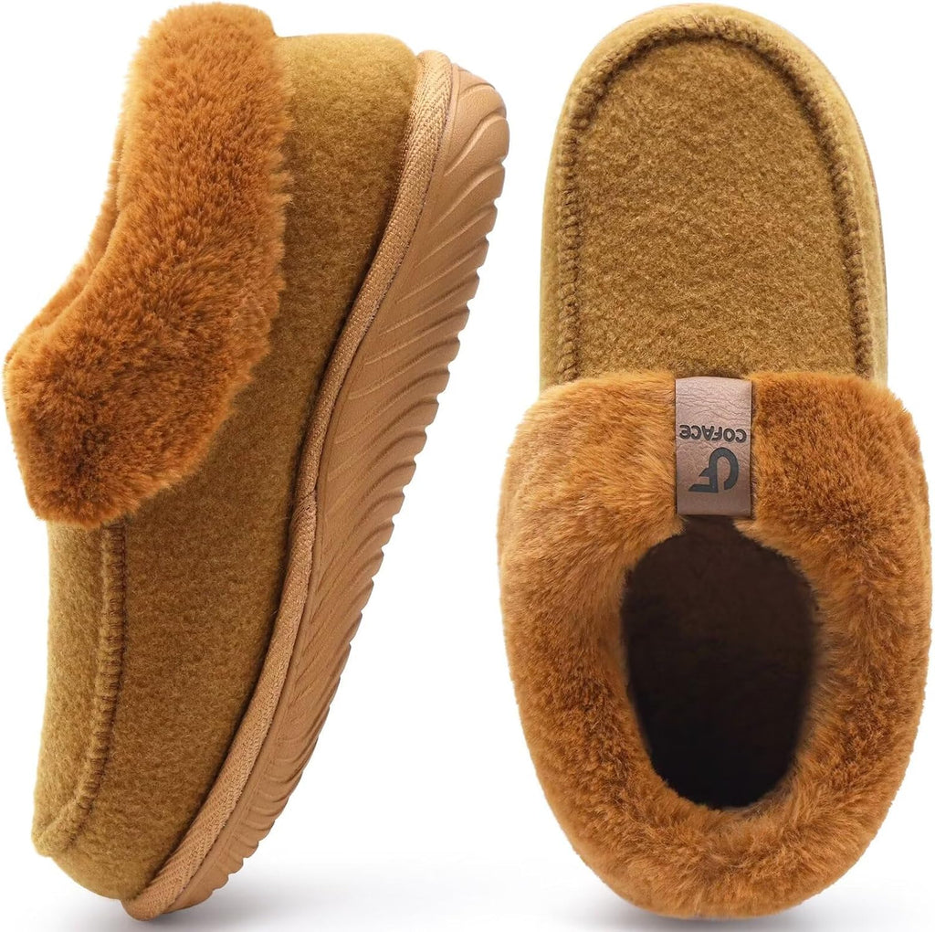 Women's Moccasin House Slippers - Faux Fur Collar, Memory Foam Arch Support and Rubber Sole for Indoor Outdoor - 7