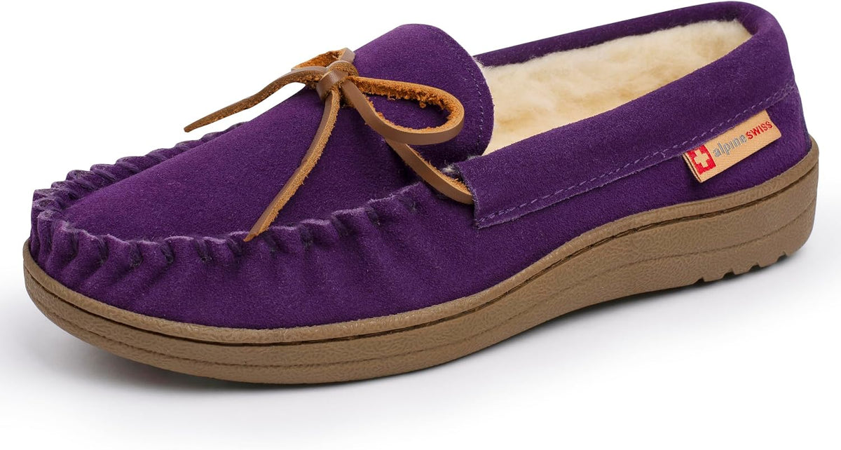 Women's Genuine Suede Moccasin Slippers in Purple