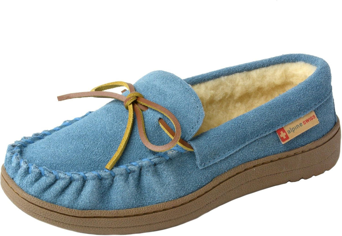 Women's Genuine Suede Moccasin Slippers in Blue